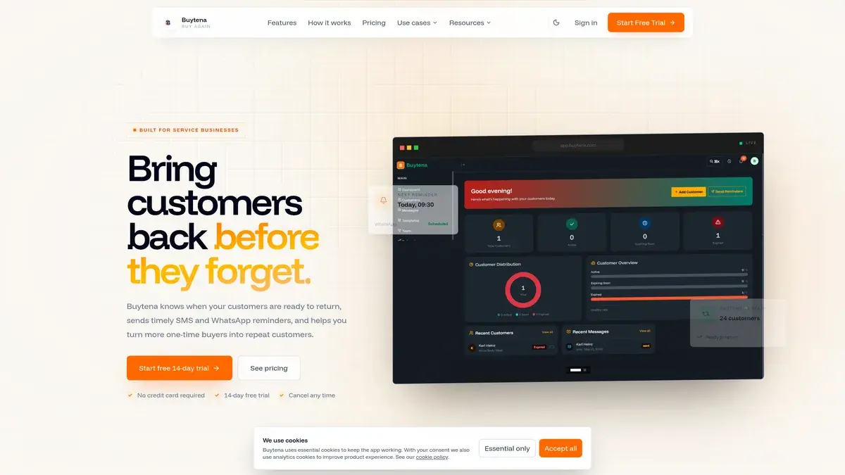 BuyTena customer retention platform dashboard with SMS and WhatsApp reminders