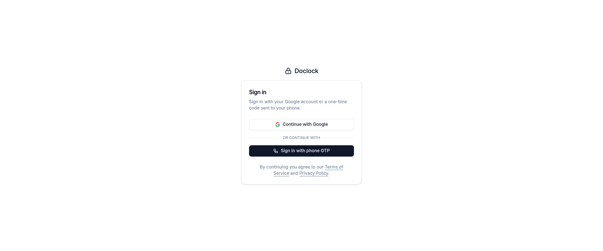 Doclock sign-in page with Google OAuth and phone OTP options