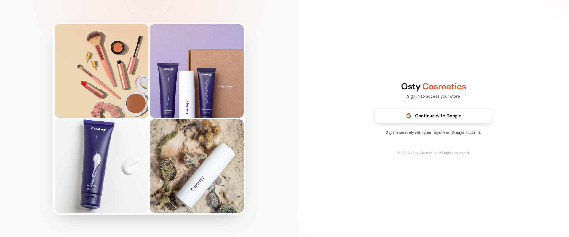 Osty Cosmetics sign-in page for managing store sales and inventory